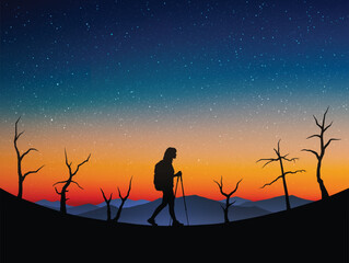 Poster - Woman walks with trekking poles. Hiking at mountain range before dawn
