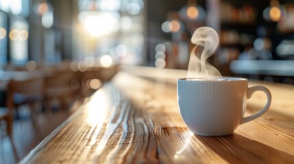 Wall Mural - Steaming Hot Coffee Cup on Wooden Table in Cafe