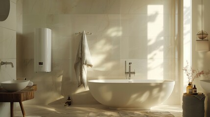 Canvas Print - A white bath tub sitting under a window next to a sink