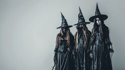 Wall Mural - Three women in witch costumes posing for Halloween