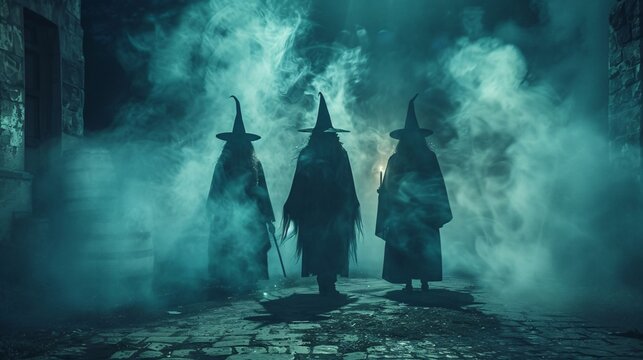 Three Witches In Dark Misty Alley