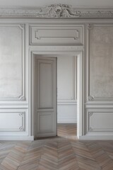 Wall Mural - A simple interior scene with a wooden floor and white walls, suitable for backgrounds or minimalist designs