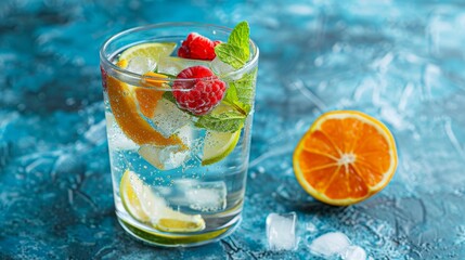 Refreshing summer fruit cocktail with ice in glass on table, minimalistic blue background