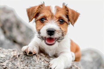 A brown and white dog resting on top of a rock, great for outdoor or nature-themed designs