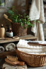 Canvas Print - A table with a basket of white towels and a hairbrush, suitable for bathroom or spa settings