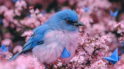 Poster -   A bird perched on a tree, surrounded by pink and white blossoms, against a backdrop of blue origami birds