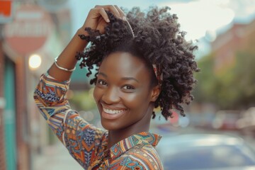 Wall Mural - A happy woman with an afro hairstyle smiling directly at the camera