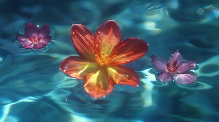 Wall Mural -  Flowers float atop water's surface, causing ripples beneath