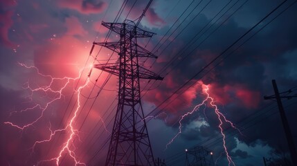 Wall Mural - image of a power line with lightning storm in the background, ideal for use in weather or infrastruc