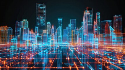 A digital rendering of a futuristic city skyline, with buildings rendered in glowing blue and orange lines.