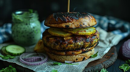 Sticker -   A burger sits on a cutting board with pickles and cucumbers nearby