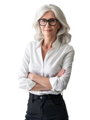 Wall Mural - A woman wearing a white shirt and black pants, standing or sitting in a neutral background