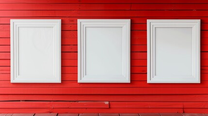 Four empty frames mockup on stylish red wooden wall for elegant and sophisticated display