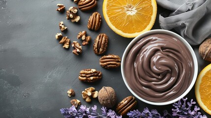 Sticker -   A bowl of chocolate frosting surrounded by nuts, oranges, and purple flowers on a gray surface with a gray napkin