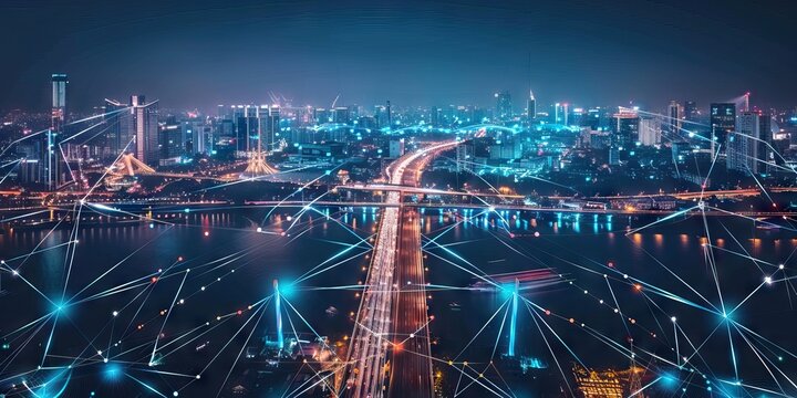 Creative glowing blue night city wallpaper with digital data lines all over. Smart city, VR, AI and innovation concept. Double exposure. AI generated illustration
