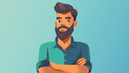 Wall Mural - Illustrated Confident Young Man With Beard on a Light Blue Background.
