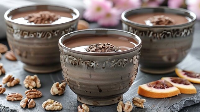   Two cups of chocolate pudding with walnuts on a table near fruit