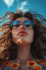 Wall Mural - A woman wearing glasses with her hair blown by the wind, perfect for use as a profile picture or illustration