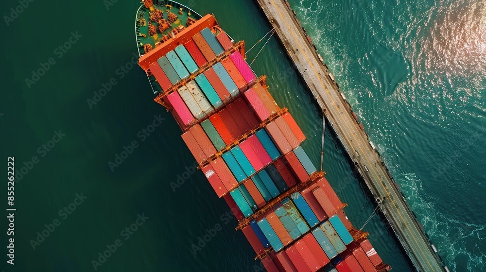Container ship carrying container boxes import export dock with quay ...