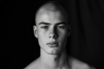 black & white portrait of young man with shaved head, black background