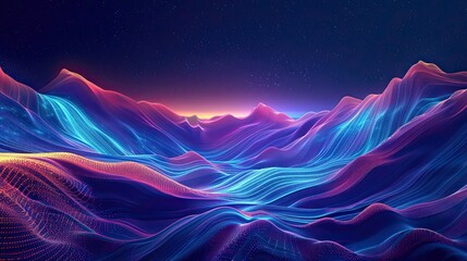 Wall Mural - an night scene of abstract image of cyber mountainous terrain, glowing lines, a big path in the middle towards distant place, in the style of serene maritime themes