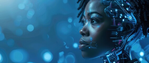 Wall Mural - A closeup of an African American woman's face, with digital data and binary code floating around her in the background. 
