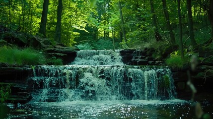 Defocused waterfall in lush green forest