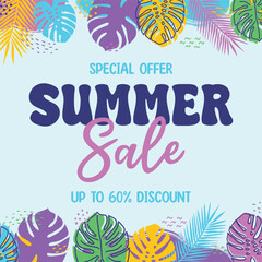 Wall Mural - Design of a promotion poster with colourful exotic leaves. Summer Sale background. Vector illustration