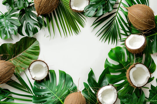 Flat lay of tropical leaves and coconut coconuts on white background