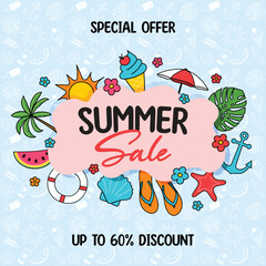 Wall Mural - Promotion banner with colourful hand drawn beach elements. Summer Sale background. Vector illustration