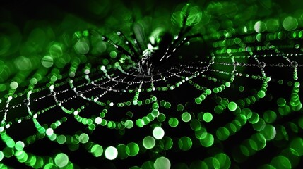 Wall Mural -   Close-up of a green and black background with circles of light in the center, contrasted against a black background with white dots