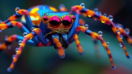 Wall Mural -   A macro image captures a vivid spider, covered in droplets on its legs