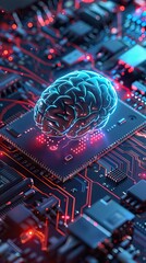 Sticker - 3d rendering of human brain on technology background represent artificial intelligence and cyber space concept. AI generated illustration
