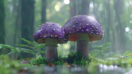 Poster -   Purple mushrooms atop lush green forest floor, raindrops falling