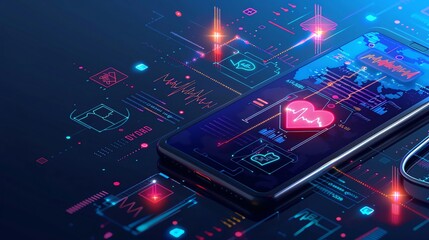 Hightech health app graphics on a clean background, with ample room for text, perfect for digital health platforms and mobile health apps