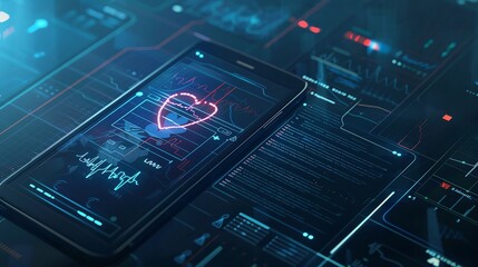 Hightech health app graphics on a clean background, with ample room for text, perfect for digital health platforms and mobile health apps