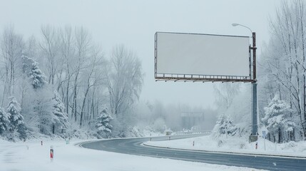 Snowy highway billboard mockup for advertising in empty white banner template on wintry day