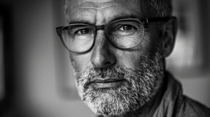 A classic black and white portrait of a person wearing glasses