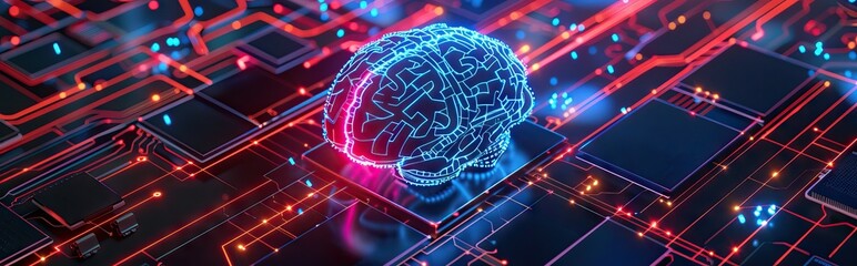 Wall Mural - 3d rendering of human brain on technology background represent artificial intelligence and cyber space concept. AI generated illustration