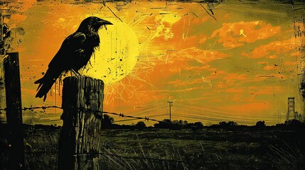 Sticker -   Crow on fence post under orange-yellow sky with sun in background