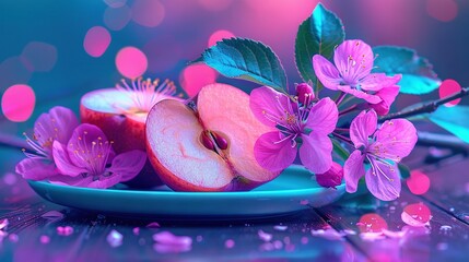 Poster -   A pink plate with fruit and blue background, illuminated by pink lights