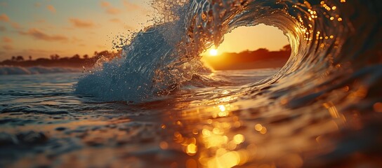 Seeing a stunning golden moment with sunset through ocean wave tunnel is mesmerizing