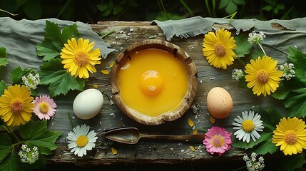 Wall Mural -   An egg sits in a bowl surrounded by daisies A knife and spoon are nearby on the table