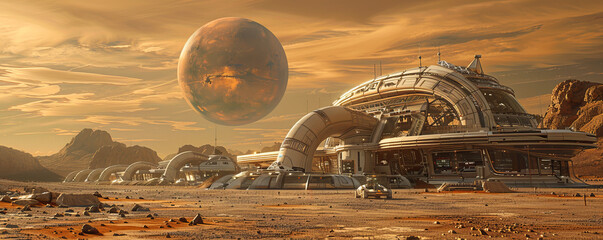 Wall Mural - an innovative concept of a space station on the barren and arid terrain of mars