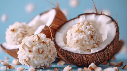 Sticker -   A pair of coconuts nestled in a bowl of food within a coconut shell