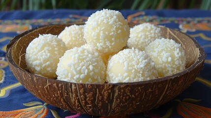 Sticker -   A wooden bowl filled with coconut balls sits atop a blue-and-orange tablecloth on a blue table