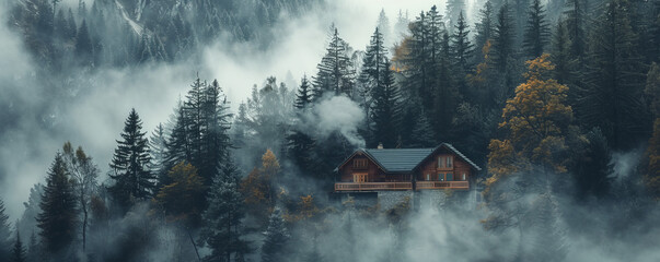 Wall Mural - A secluded mountain cabin nestled among towering pine trees, with smoke rising from the chimney into the crisp mountain air.