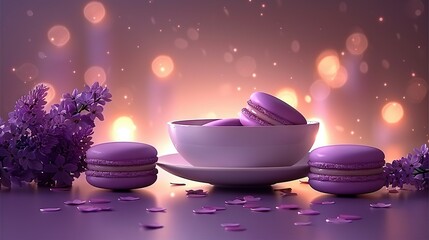 Poster -   A table with two bowls of macaroons and purple flowers