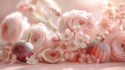 Poster -   Close-up of figurine and flowers on pink surface with light reflection on top