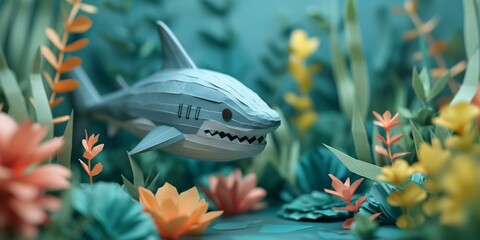Wall Mural - paper craft cartoonish style , cute smiling shark underwater world, 